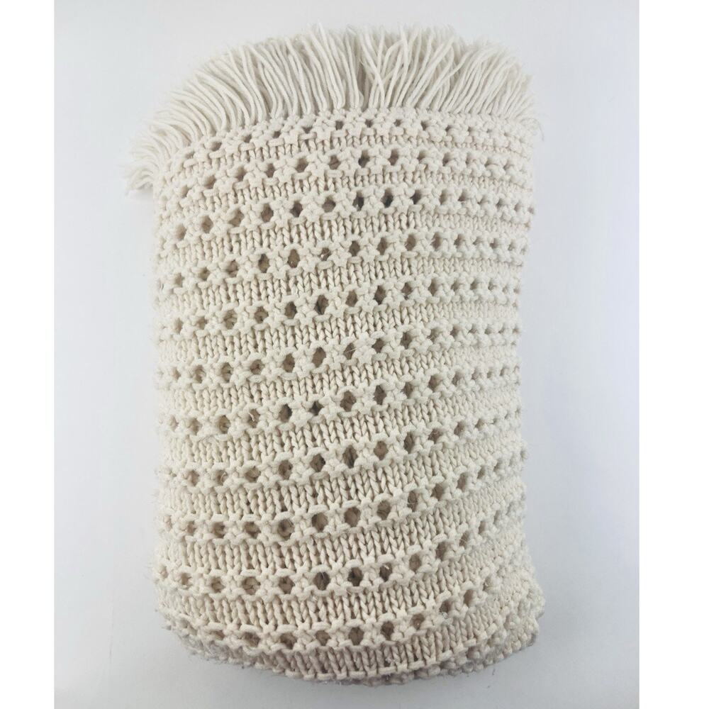 Handmade Afghan Throw Blanket Fringe Cream Ivory Cottage Crochet Knitted Ecru Wh - Picture 7 of 8
